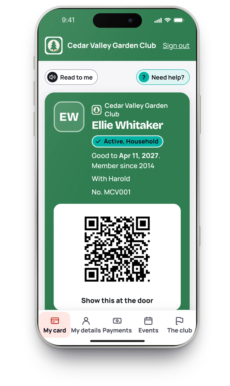 A member's own page on a phone, with her membership card in the club's green: Ellie Whitaker, Active, Household, good to Apr 11, 2027, and a code to scan at the door.