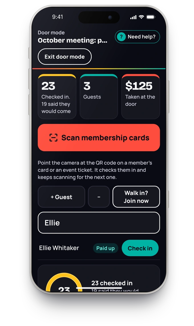 Door mode on a phone at the October meeting: 23 checked in, 19 who said they would come, 3 guests and $125 taken at the door. Ellie is typed in the search, and Ellie Whitaker shows as Paid up with a Check in button.