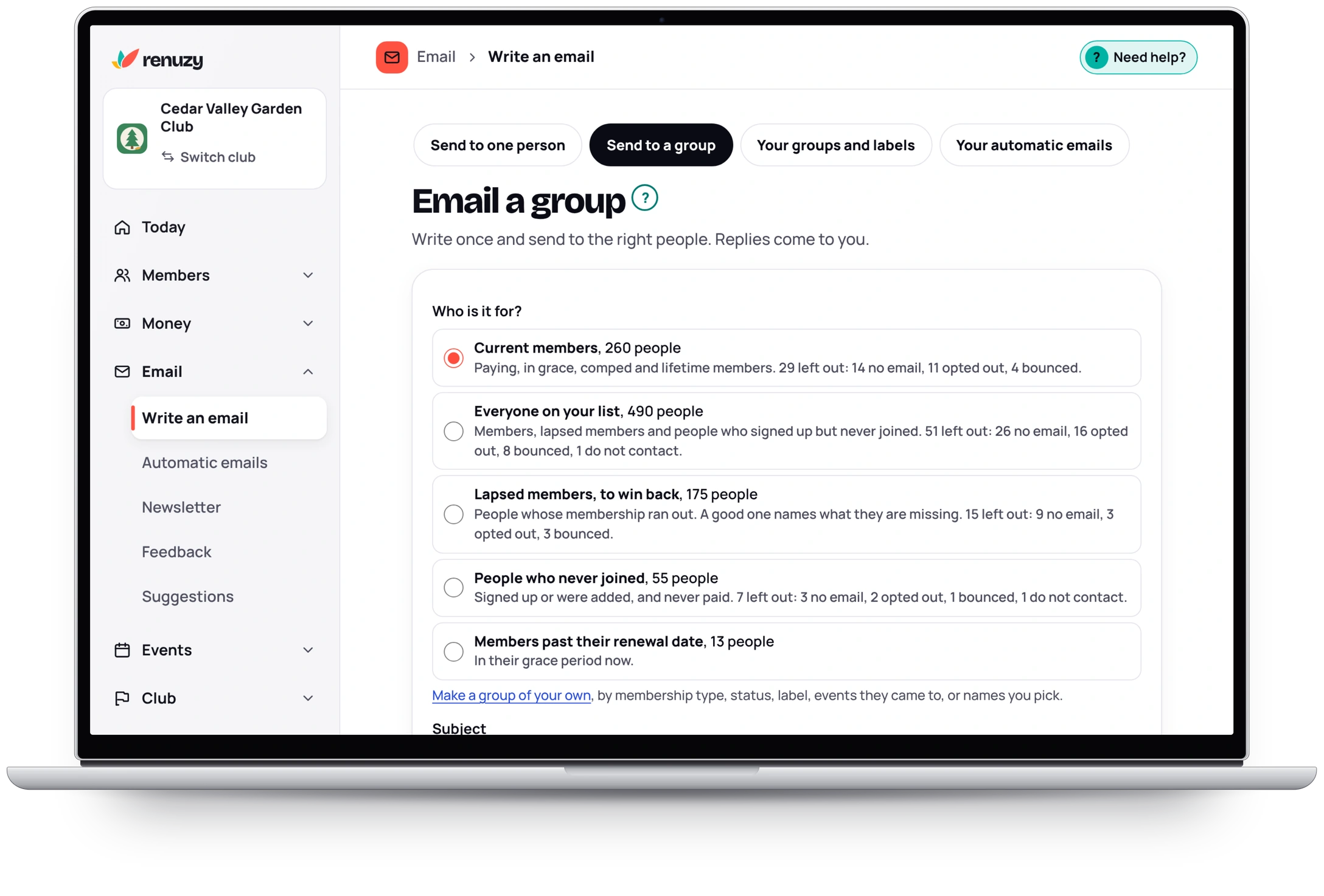 Email a group: current members, 260 people, everyone on the list, lapsed members to win back, people who never joined and members past their renewal date, then the subject and the message.