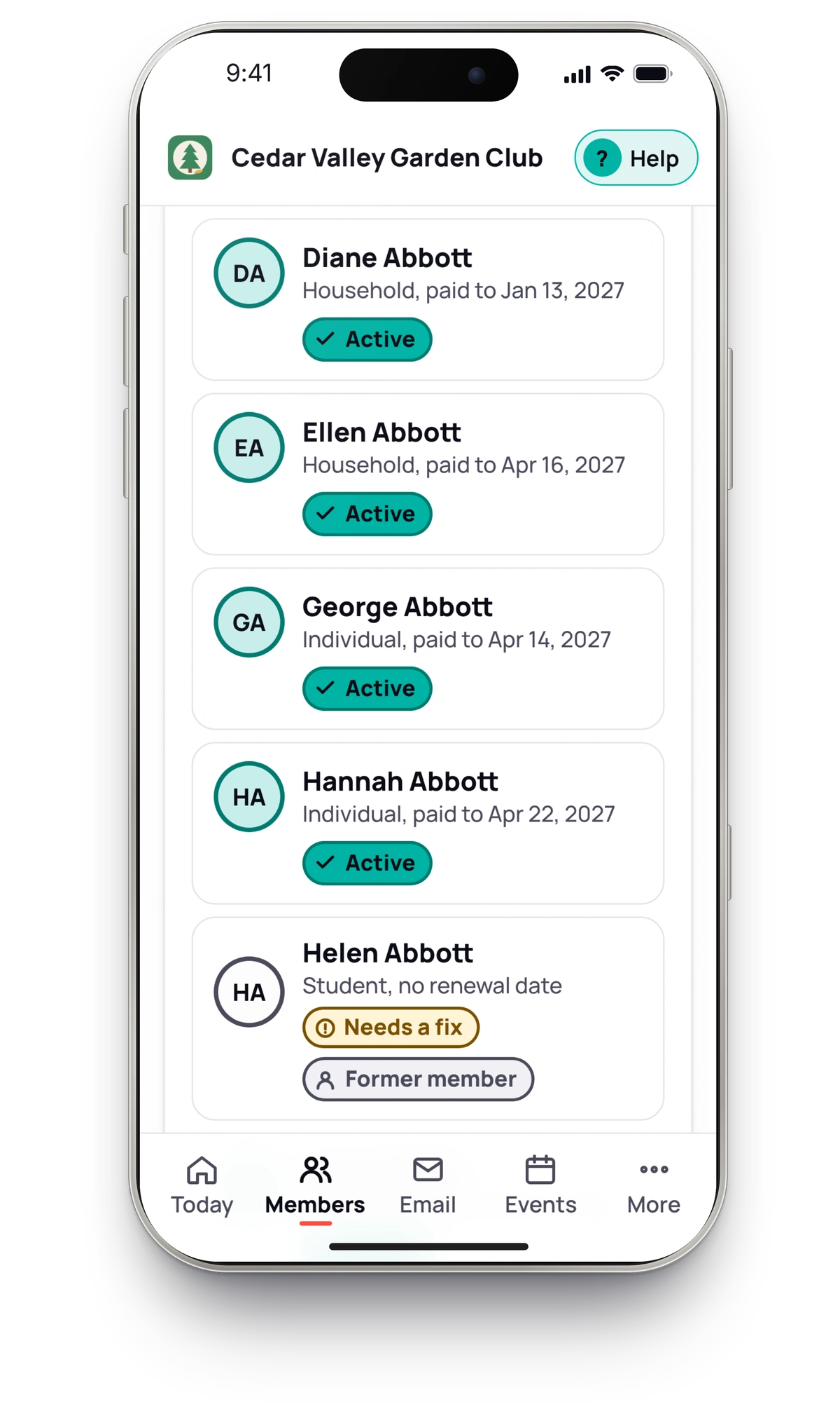 The member list on a phone: Diane, Ellen, George and Hannah Abbott, each Active and paid to a date in 2027, and Helen Abbott, a student with no renewal date, labelled Needs a fix and Former member.
