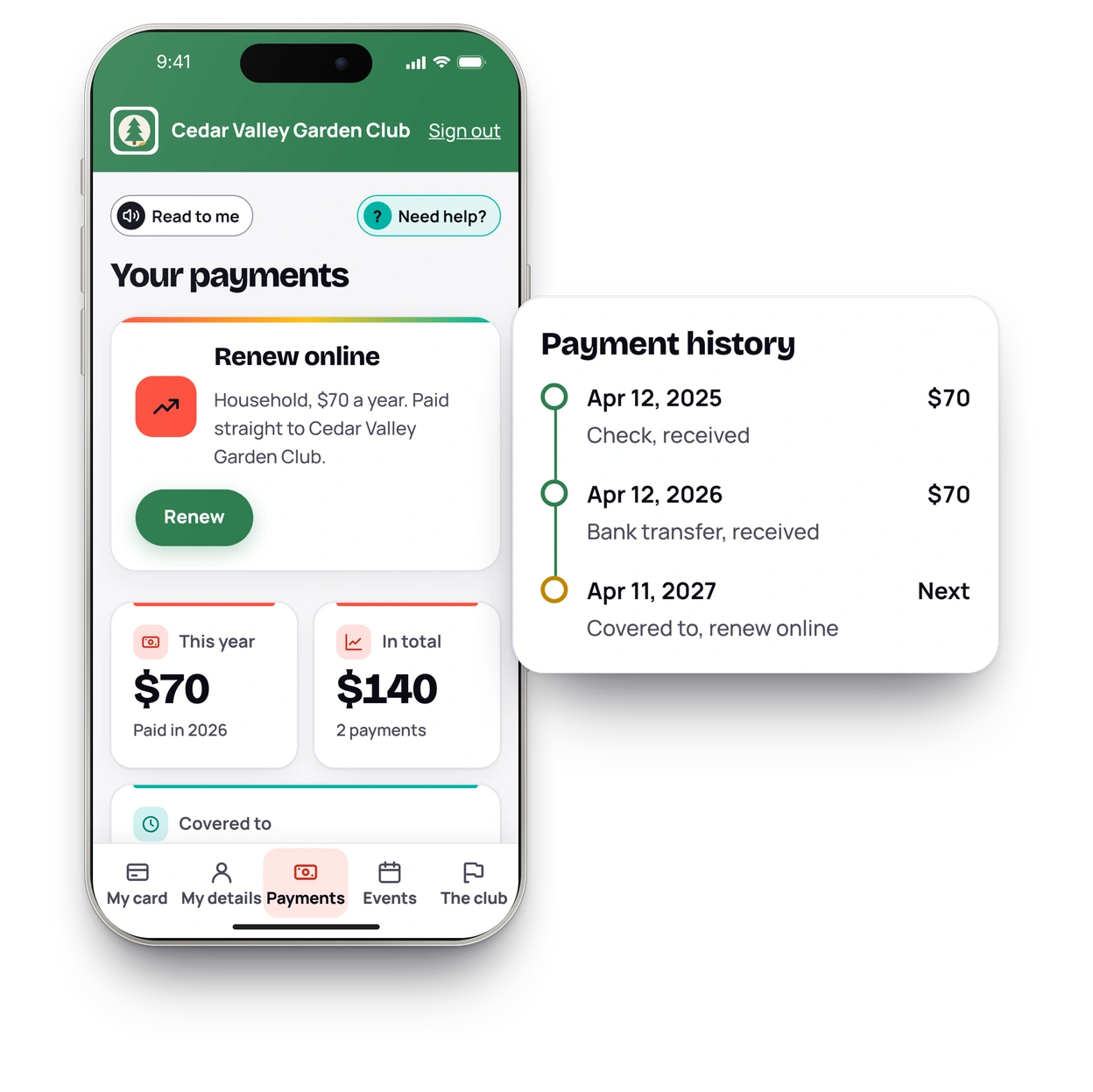A member's payments page on a phone: a Renew online card for Household, $70 a year, then $70 this year and $140 in total. Beside it, the payment history: Apr 12, 2025 by check, Apr 12, 2026 by bank transfer, and next, Apr 11, 2027.