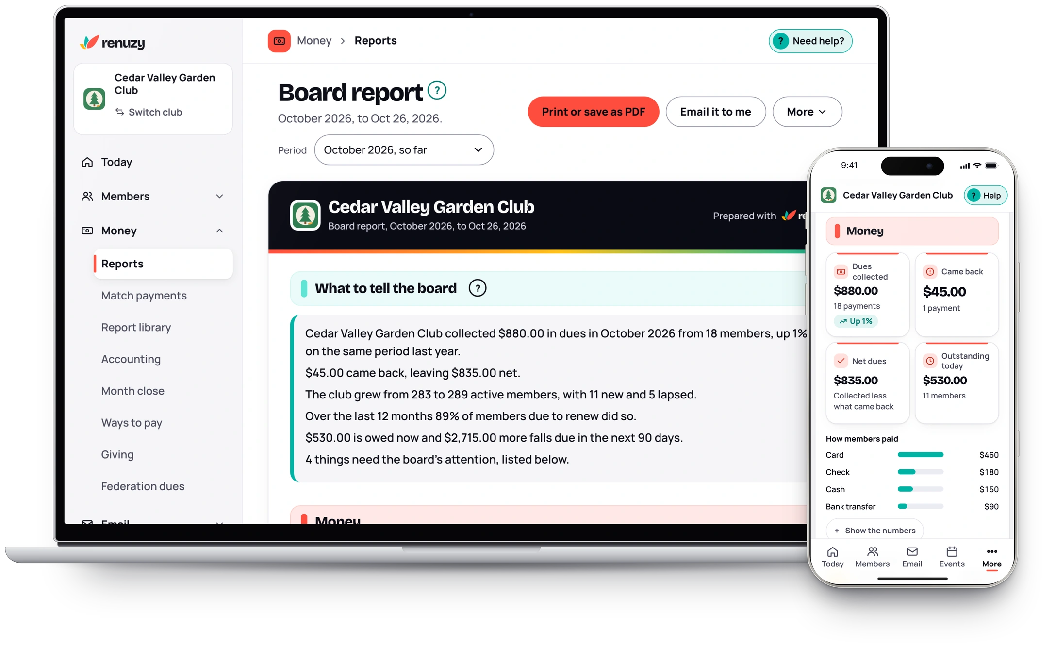 The board report, under the club's own logo, with what to tell the board in plain sentences: $880.00 collected in October from 18 members, up 1% on the same days last year, the club grown from 283 to 289 active members, and $530.00 owed now. In front of it, the same report on a phone, open at the money: $880.00 subs collected, $45.00 came back, $835.00 net and $530.00 outstanding today, then how members paid, card $460, check $180, cash $150 and bank transfer $90.