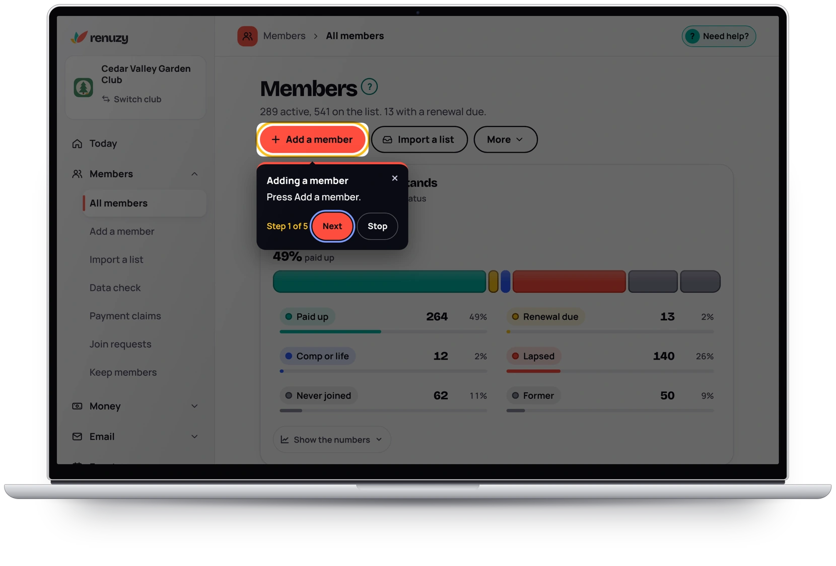 A Show me walkthrough on the Members page: the Add a member button is lit up, with a note that says Adding a member, Press Add a member, Step 1 of 5, and Next and Stop buttons.